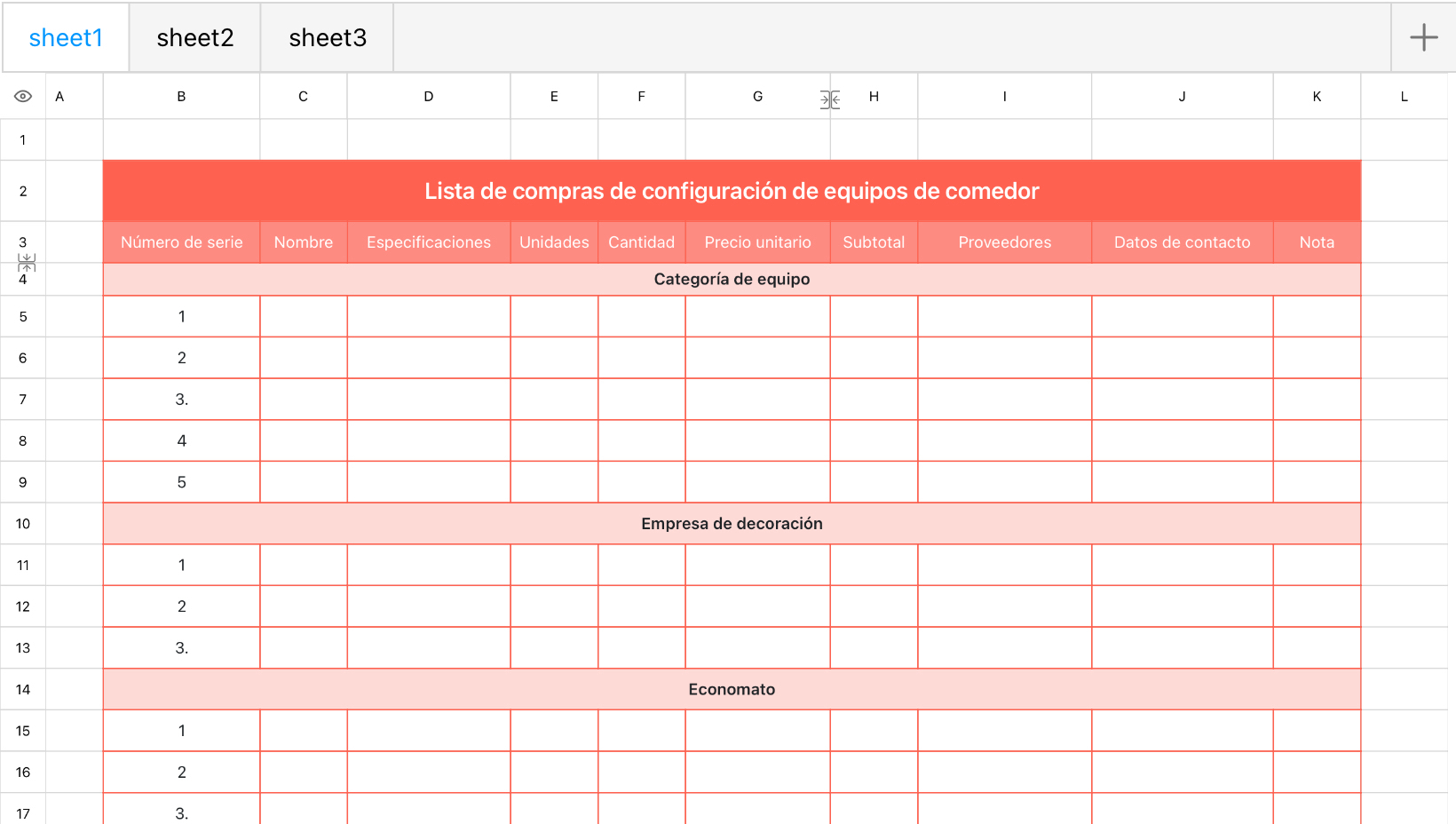 Lista de compras de configuración de equipos de comedor